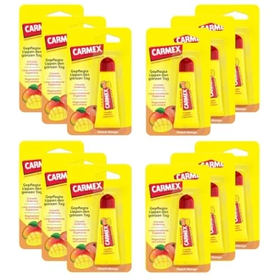 Afbeelding van Carmex Peach Mango Tube Lippenverzorging voor droge lippen, hydraterend en kalmerend gebarsten met vaseline, vitamine E bijenwas, 12 x 10 g