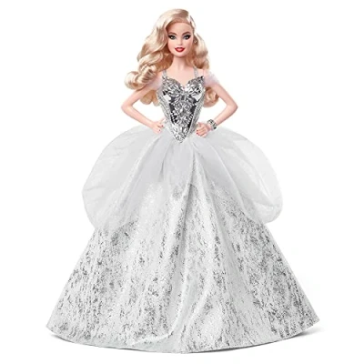 Afbeelding van Barbie Signature 2021 Holiday Doll (30,5 cm, blond golvend haar) in zilveren jurk, met poppenstandaard en certificaat van echtheid