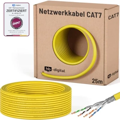 Afbeelding van Hb digital 25 m CAT.7 Netwerkkabel, LAN kabel, installatiekabel, AWG, 23 puur koper S/FTP PiMF LSZH, halogeenvrij, RoHS compliant, Ethernet datakabel, PoE, 10Gbit/s, GHMT gecertificeerd, geel