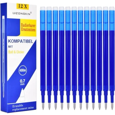 Afbeelding van LVZONGXIN Blauw Uitwisbare reservevullingen, compatibel met Frixion Ball &amp; Clicker, 0,7 mm [12 delige set], thermogevoelige inkt, 400 m schrijflengte (blauw)