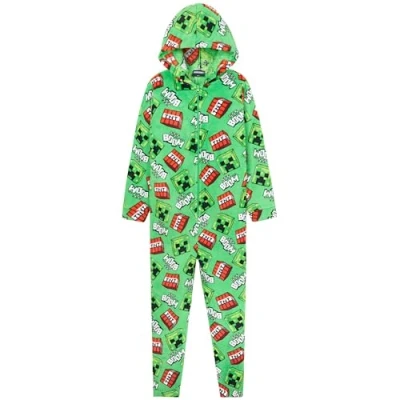 Afbeelding van Minecraft Jongens fleece jumpsuit met capuchon gamercadeaus voor kinderen, groen/meerkleurig, 9 10 Jaar