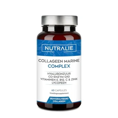 Afbeelding van Collageen Marine Gehydrolyseerd Puur met Hyaluronzuur, Q10, Vitamine C, E, B12 en Lycopeen 100% Collageenpeptiden Gezond Houden van Huid, Haar, Gewrichten, Botten 60 Capsules Nutralie