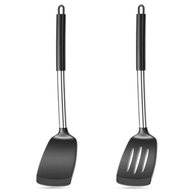 Afbeelding van Avesteir 2 stuks deegschrapers, siliconen spatel met roestvrijstalen kern, wokspatel, 35 cm, pannenlift, hittebestendig, keukenspatel sleuf, voor bakken, pannenkoeken (zwart)