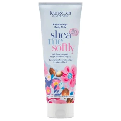 Afbeelding van Jean &amp; Len Rijke bodymilk met sheaboter, verzorgt de droge huid intensief en is huidvriendelijk, zonder parabenen siliconen, minerale olie microplastic, veganistisch, 250 ml