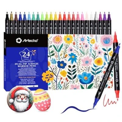 Afbeelding van Artecho Acrylstiften, 24 kleuren, 0,5 5 mm waterdichte dubbele tip marker (penseel en fijne punt), met uiteinden voor rockpainting, glas, papier, hout, ei, canvas, keramiek, stof, doe het zelf