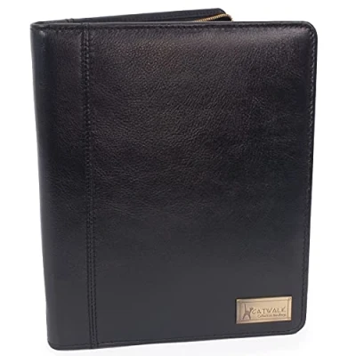 Afbeelding van CATWALK COLLECTION HANDBAGS A5 Conferentie Folder met ritssluiting Business Organiser/Execitieve Documenten Houder/Presentatie Portfolio Luxe Leer ANGELA Zwart
