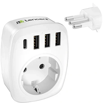 Afbeelding van LENCENT Reisadapter Universele Stekker, EU voor Italië Type L Internationale Reisstekkeradapter, 5 in 1 Reisstekker Stroomadapter met 3 USB, C en AC Stekkeradapter uit IT Chili Uruguay
