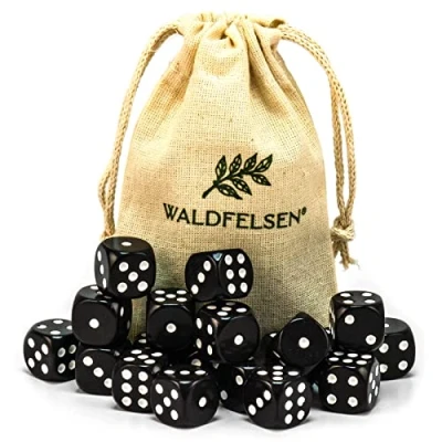 Afbeelding van Waldfelsen 6, 12, 20, 30 of 50 hoogwaardige dobbelstenen, standaardformaat, 16 mm, acryldobbelstenen, speeldobbelstenen, 6 zijdig, zeszijdig speelaccessoireset met stoffen zak (zwart, 20