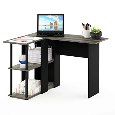 Afbeelding van Furinno Abbott L vormig bureau met planken, hout, Frans eiken, grijs/zwart, 87,5 x 104,5 73,51 cm