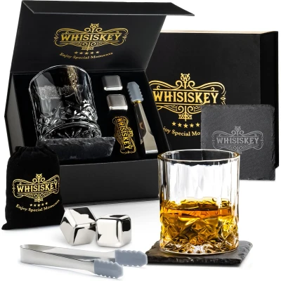 Afbeelding van Whisiskey Luxe Whiskey Set Incl. Glas, 2 Stones, Onderzetter, IJstang, Fluwelen Opbergzak, Opbergbox