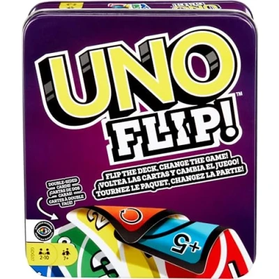 Afbeelding van Mattel Games UNO FLIP! Kaartspel voor grote groepen, met 112 kaarten in een stevig opbergblikje, geweldig cadeau kinderen vanaf 7 jaar en volwassenen, GDG37