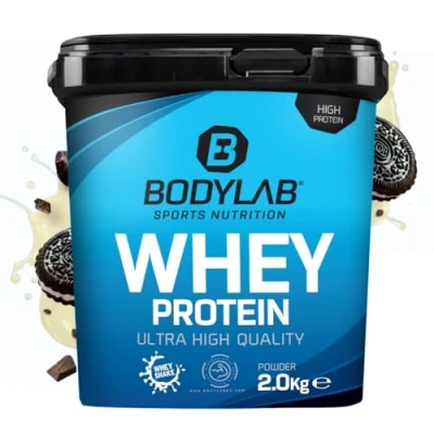 Afbeelding van Bodylab24 eiwitpoeder Whey Protein Koekjes &amp; Crème 2kg, eiwitshake voor krachttraining en fitness, poeder kan spieropbouw ondersteunen, Hoogwaardig met 80% eiwit, Aspartaamvrij