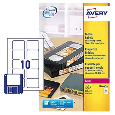 Afbeelding van Avery L7666 25 zelfklevende Diskette/Floppy Disk Data Storage Labels, 10 etiketten per A4 vel, wit