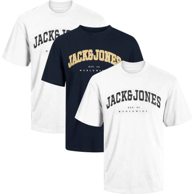 Afbeelding van Jack &amp; Jones 3 PACK Tshirt print, Heren, Maat: Medium, Weiß dunkelblau