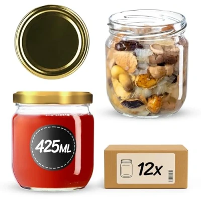 Afbeelding van KADAX jampotten, 425 ml, inmaakpotten met schroefdeksel, potten schroefsluiting, voorraadpotten voor jam, honing (goud, 12 stuks)