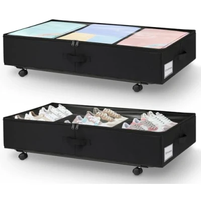 Afbeelding van JUPELI 2 stuks onderbedcommode met wieltjes, 50 l opvouwbare opbergbox voor onderbed, bedlade, metalen bodemsteun, grote opbergdoos dekbedden, kleding