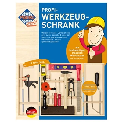 Afbeelding van Pebaro 412 Professionele gereedschapskast, 23 delen, complete set in houten kast, hoogwaardige massieve gereedschappen, knutselset incl. hamer, zaag, tang, handboormachine, gereedschapskist voor