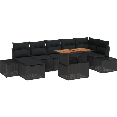 Afbeelding van vidaXL Tuinbank Set van 8 Zwart Poly Rattan, Staal, Hout