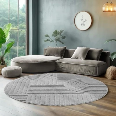 Afbeelding van Hoogpolig vloerkleed voor de woonkamer, keukentapijt, slaapkamer tapijt Scandinavisch en boho met 3D ontwerp, kleur: Zilver, maat: 120 cm Ronde