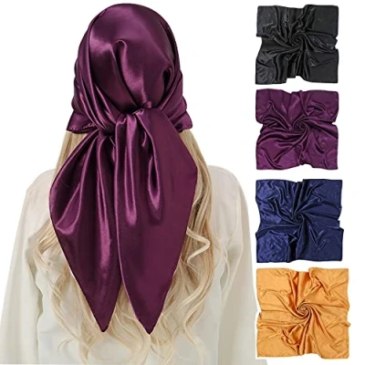 Afbeelding van KAVINGKALY 4pcs Satijn Vierkante Haar Sjaals Grote Zijde Gevoelende Lange Sjaal en Wraps Hoofddoek voor Vrouwen