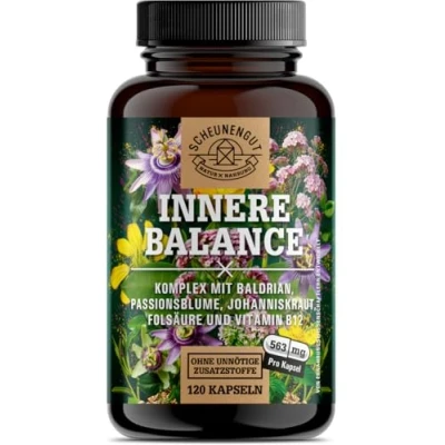 Afbeelding van INNERE BALANCE® sint janskruid valeriaan passiebloem capsules hoge dosering belangrijk: laboratoriumgetest complex met hypericine, hyperforine, foliumzuur en vitamine B12 120 stuks SCHEUNENGUT®