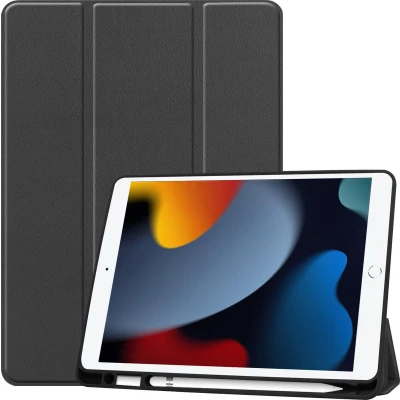 Afbeelding van Tablet Hoes voor iPad 2021 met Apple Pencil Houder &amp; Auto Sleep/Wake functie Tri Fold book Case 10.2 inch Zwart