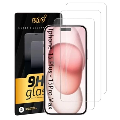 Afbeelding van Uno&#039; Displaybeschermfolie van gehard glas, compatibel met iPhone 15 Plus, Pro Max, 3 stuks