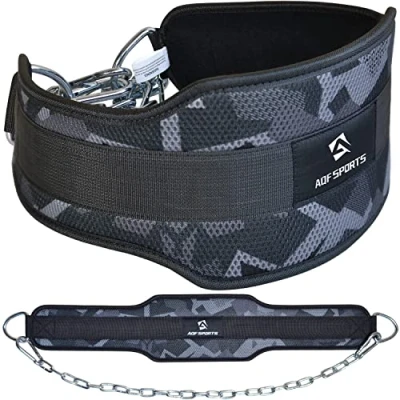 Afbeelding van AQF dip riem met stalen ketting, neopreen fitness gewichthefriem, gewichtsriem, bodybuilding riem, dipriem krachttraining dips heren dames (Grijs Camo)