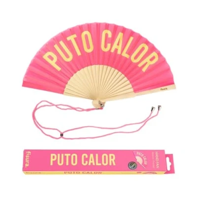 Afbeelding van Fisura Originele handwaaier &quot;p*to calor&quot;. Moderne en grappige houten waaier. Roze gele Afmetingen: 42,5 x 23 cm. Hout textiel.