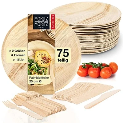 Afbeelding van Moritz &amp; 75 pc palmbladeren servies rond 25 cm Ø incl. wegwerpbestek duurzame wegwerpborden alternatief voor bamboe en borden