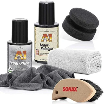 Afbeelding van Detailmate Dr. Wack leerreiniger en verzorgingsset: Wack: A1 + leerverzorging 250 ml Sonax textiel leerborstel handpolijstspons microvezeldoeken 320 g/m² 550