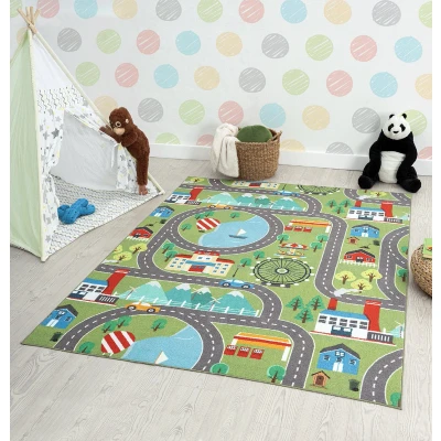 Afbeelding van the carpet Vloerkleed Happy Life Kinderkamer, kindertapijt, speeltapijt, wasbaar, straattapijt, straat, stad, auto, groen, 200 x 290 cm