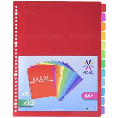 Afbeelding van Viquel Set van 12 A4 Maxi kunststof tabbladen 30 gaats perforatie school of kantoortabbladen