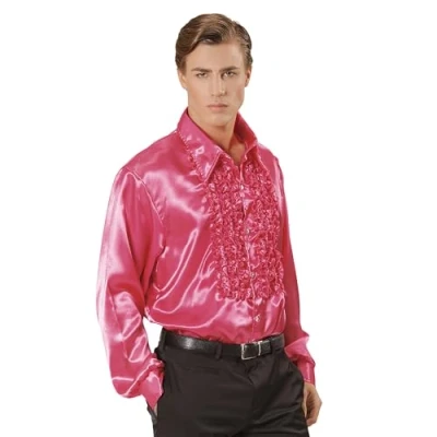 Afbeelding van Widmann 01184 Jaren &#039;70 Disco stijl shirt, volwassen man, gemaakt van satijn, met ruches, carnaval, disco, maat XL, roze kleur