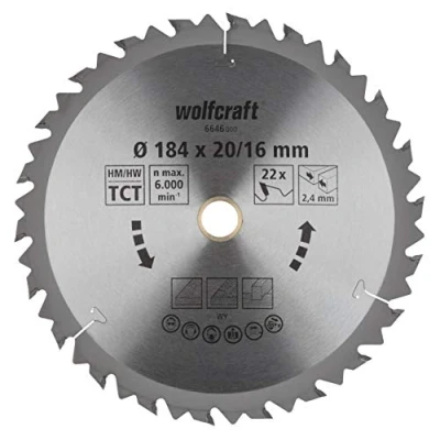 Afbeelding van Wolfcraft Cirkelzaagblad voor Hout Grof zaagwerk 184mm Asgat 20/16mm 22 tanden Zaagdikte 2,4mm