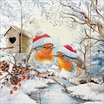 Afbeelding van 20 servetten Kerstmis vogels in winterlandschap als tafeldecoratie. Papieren met motief. Ook voor decoupage en servettentechniek 33x33cm