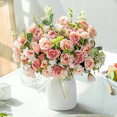 Afbeelding van LESING Kunstmatige zijden roos met vaas nepbloemen bruiloft bloemen boeketten arrangement thuiskantoor feest middelpunt tafeldecoratie (roze)