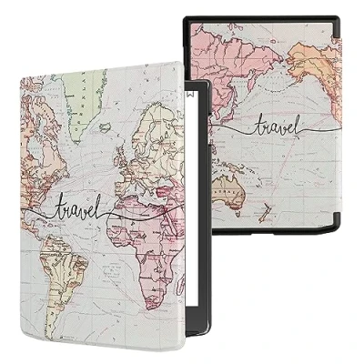 Afbeelding van kwmobile e reader hoesje compatibel met Pocketbook InkPad 4 / Color 3 2 Vivlio Magneetsluiting Ereader case Travel Wereldkaart in zwart/meerkleurig