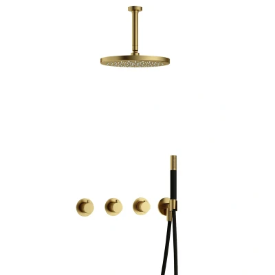 Afbeelding van Hotbath Cobber Regendoucheset IBS70 Geborsteld Messing PVD Staaf handdouche 30cm Hoofddouche 15cm Plafondbuis Handouche met wandhouder