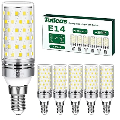 Afbeelding van Tailcas E14 Led koudwitte lamp, 6000 K, 1000 lm, 12 W, vervanging voor 100 W gloeilamp, niet dimbaar, flikkert niet, spaarlamp, AC 220 240 V, kleine Edison schroef, kaarslamp (6 stuks)