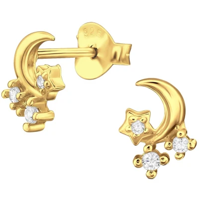 Afbeelding van JoyS Zilveren maan oorbellen met sterretjes 6 x 8 mm oorknopjes zirkonia sterling zilver 925 gold plated