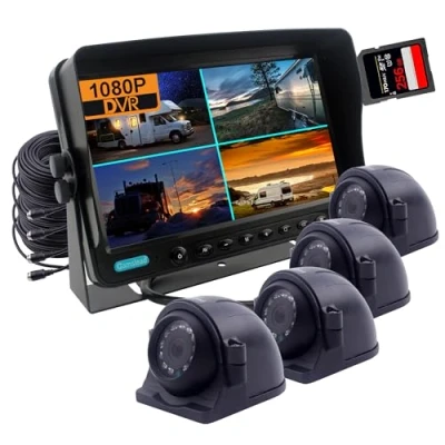 Afbeelding van CAMSLEAD 9 inch digitale monitor 1080P HD achteruitrijcamerasysteem, DVR recorder, 4 kanaals ingang, quad gesplitst scherm, 4X zware waterdichte back up zijaanzichtcamera voor RV aanhangwagen