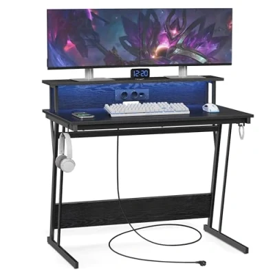 Afbeelding van VASAGLE gamingtafel met LED verlichting, bureau ingebouwde stekkerdoos, computerbureau, monitorstandaard voor 2 monitoren, slaapkamer, 60 x 100 76 cm, klassiek zwart LWD191B56