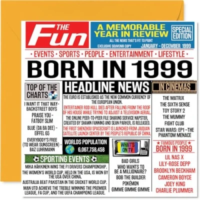 Afbeelding van 25e verjaardagskaarten voor mannen vrouwen geboren in 1999 krant Happy 25 verjaardagskaart zoon dochter neef vintage retro terug 1999, 145 mm x vijfentwintig vijfentwintigste