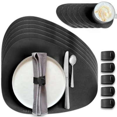 Afbeelding van MIQIO Placemat van kunstleer, 18 delige tafel onderzetterset, leren placemats, afwasbaar, 6 glasonderzetters, servetringen, zwart, steenvormig
