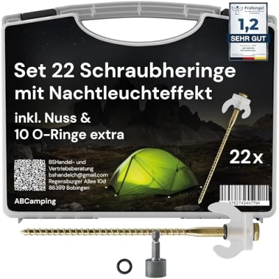 Afbeelding van ABCamping schroefharingenset, 22 stuks, stalen haringen voor zachte tot harde bodems, tentharingen met lichteffect, ideaal kamperen, inclusief Transportbox, 10 x O ringen &amp; bit