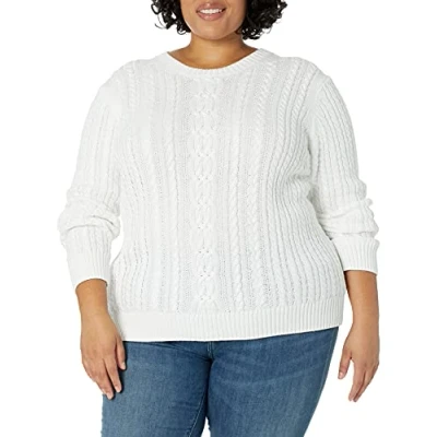 Afbeelding van Amazon Essentials Dames Fisherman Cable Lange Mouw Crewneck Sweater (Verkrijgbaar in Grote Maat), Wit, 1X