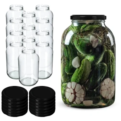 Afbeelding van KADAX inmaakpotten, 4 liter, diameter van 100 mm, ronde potten (12 stuks, zwart deksel)