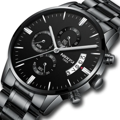 Afbeelding van NIBOSI Horloges voor mannen horloge Luxe Zwart Design Heren Ø 42 mm Roestvrij Edelstaal Waterdicht tot 3 bar Chronograaf