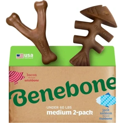 Afbeelding van Benebone 2 pack onverwoestbaar visgraat/wishbone hondenkauwspeelgoed, langdurige taaie vervelingbreker voor honden, echte zalm en speksmaak, middelgrote gemaakt in de VS